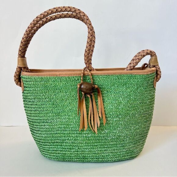 VTG Donna Dixon Kelly Green Braided Handle Raffia Woven Shoulder Bag Purse - Picture 6 of 15